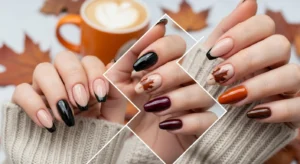 Fall nails ideas 2025 featuring glossy black French tips, burgundy polish, burnt orange, chocolate brown, and nude nails with autumn leaf designs. Cozy fall manicure inspiration with seasonal coffee and leaves.