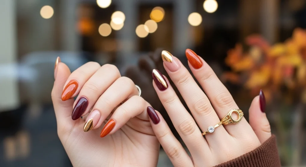 15 Fall Nail Art Ideas for 2026: Warm Tones, Foils & Seasonal Styles 5 Flat lay of hands showing Stunning Fall Nail Art Ideas 2025