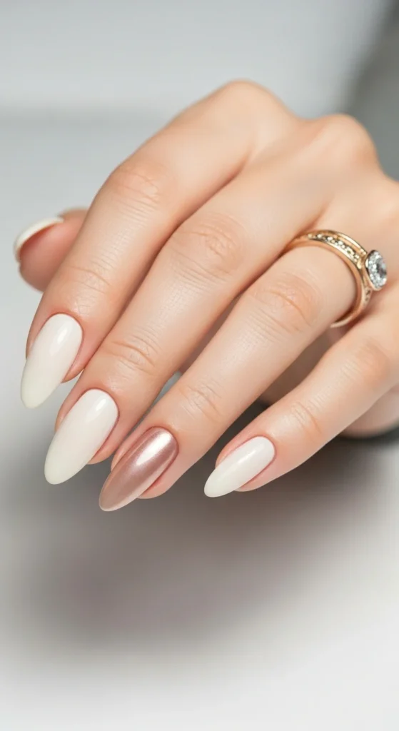 How to Shape Your Nails Like a Pro (Round, Almond, Coffin & More) 6 A close-up, top-down shot of a single hand showcasing beautifully manicured almond-shaped nails. The nails are painted in a luxurious, creamy ivory or a delicate rose gold.