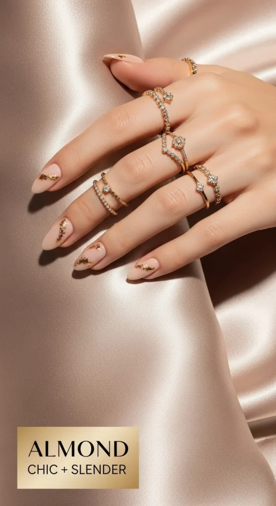 The Ultimate Nail Shape Guide: Choose & Master Your Look 6 Fashion flat-lay of almond-shaped nails painted in a minimalist nude with gold foil accents. Hand resting on a silk fabric background with jewelry (delicate rings).