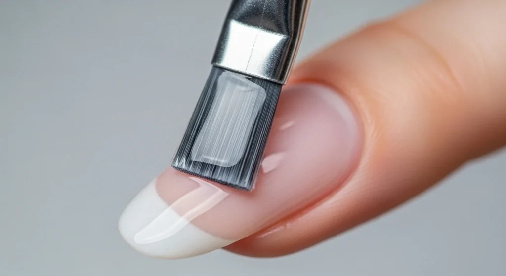 Step-by-Step Guide to a Salon-Quality Manicure at Home 8 Close-up of a brush applying clear base coat onto a nail. Perfectly lit studio setup, nail slightly zoomed in with soft neutral background.