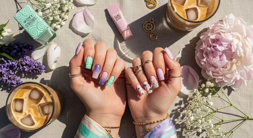 Flat-lay of both hands showcasing trendy September nails designs including swirls, ombré, florals, marble, chrome, French tips, shimmer, and glitter in summer-inspired colors.