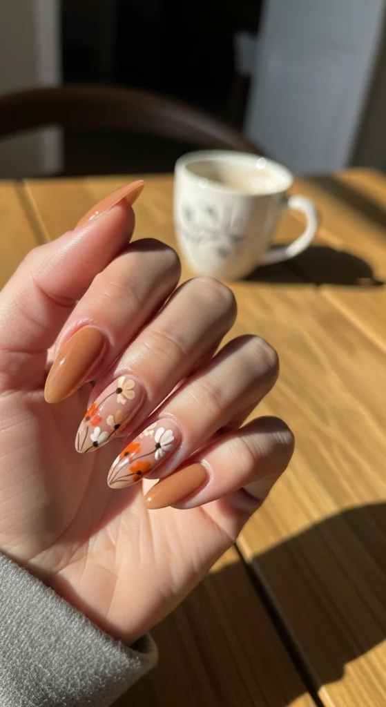 21 Fall Nails Inspiration 2026! Chic Trendy Autumn Manicures 4 Nude-toffee gradient almond nails with hand-painted autumn florals in front of blurred fall foliage, cozy seasonal aesthetic.