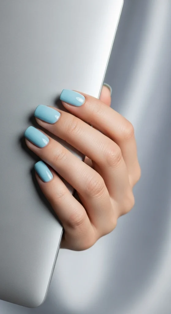 Baby blue short square nails holding a closed silver laptop.
