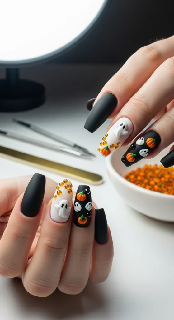 Macro shot of coffin-shaped black matte nails decorated with tiny caviar-bead pumpkins and ghosts, styled in a clean minimal studio.