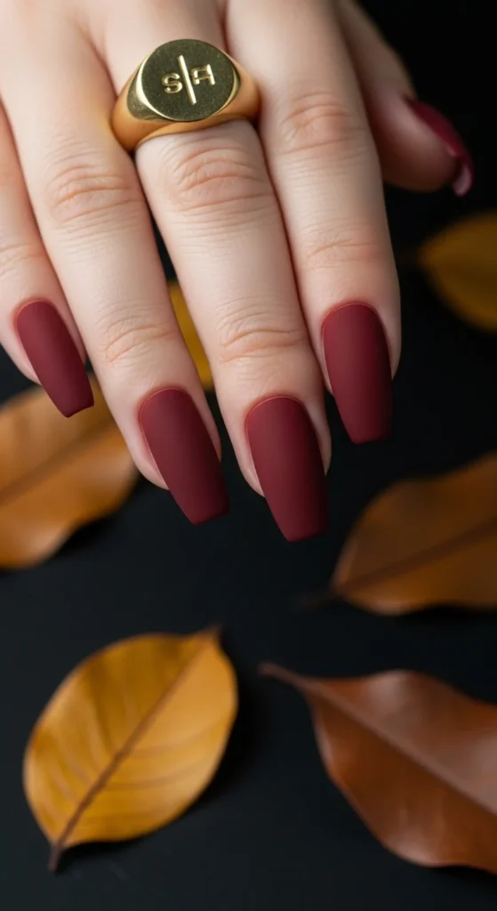 Blood-red matte coffin nails with gold signet ring and dried leaves on velvet vanity.