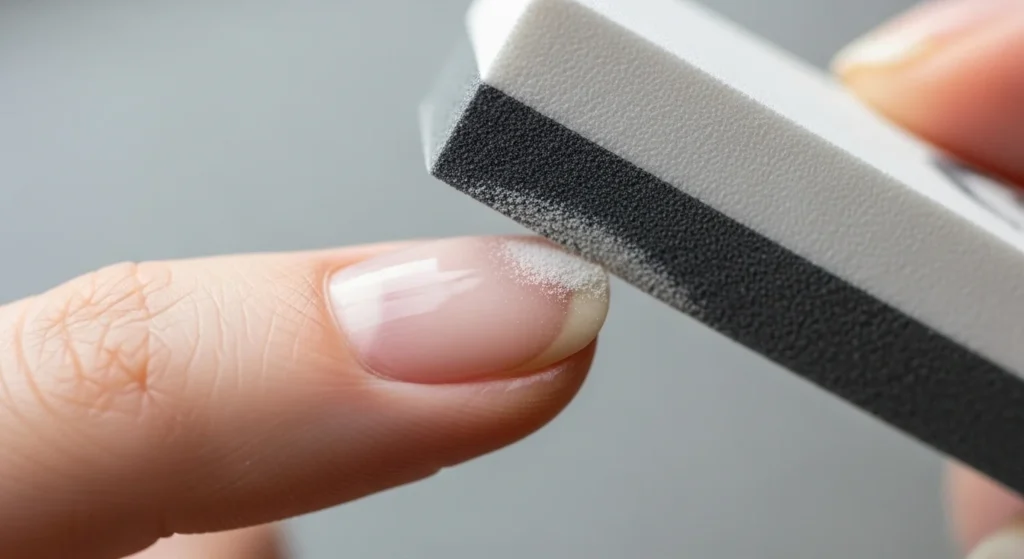 Step-by-Step Guide to a Salon-Quality Manicure at Home 6 Macro shot of nails being lightly buffed with a 4-way buffer. Focus on nail surface, soft daylight highlighting smoothness. Minimalist, clean setup.