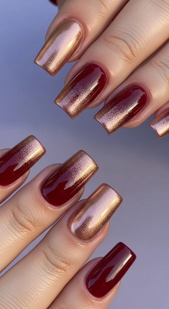 15 Fall Nail Art Ideas for 2026: Warm Tones, Foils & Seasonal Styles 2 Close-up of square nails with a rich burgundy base and shimmering rose gold foil tips, styled against a muted lavender background in soft daylight.