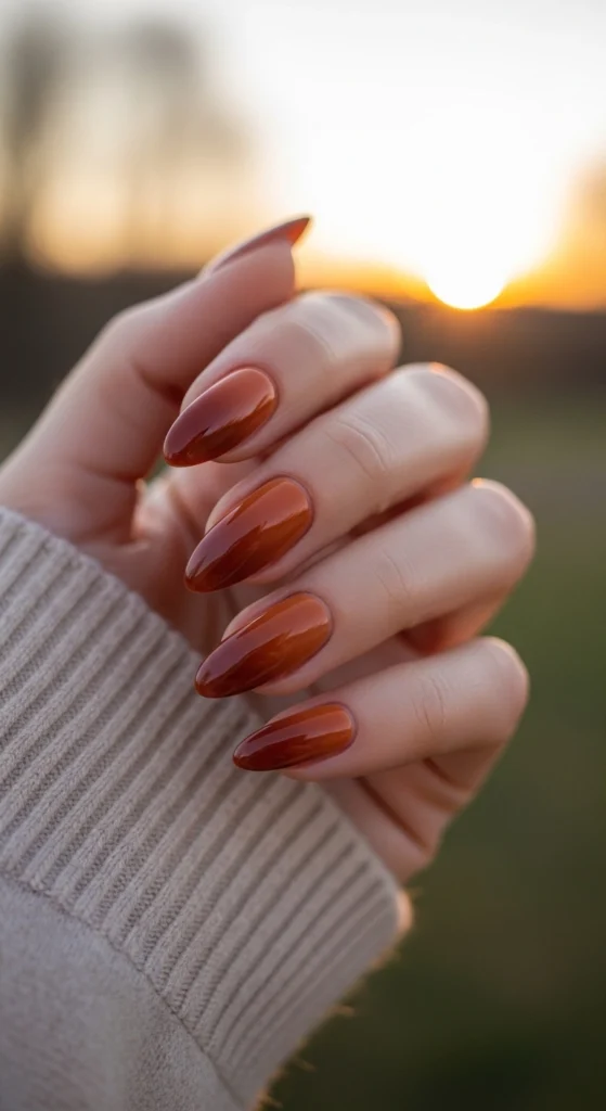 21 Fall Nails Inspiration 2026! Chic Trendy Autumn Manicures 10 Cinnamon brown to rust orange almond gradient nails against a blurred golden autumn sunset, warm seasonal style.