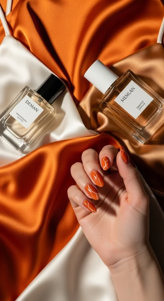 Oval burnt orange marble nails with white veins laid on silk fabric background.