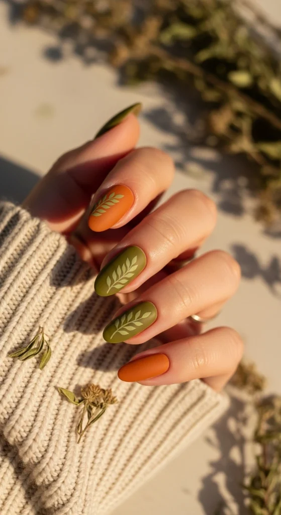 Oval burnt orange matte nails with olive leaf art styled with cozy knit sweater.