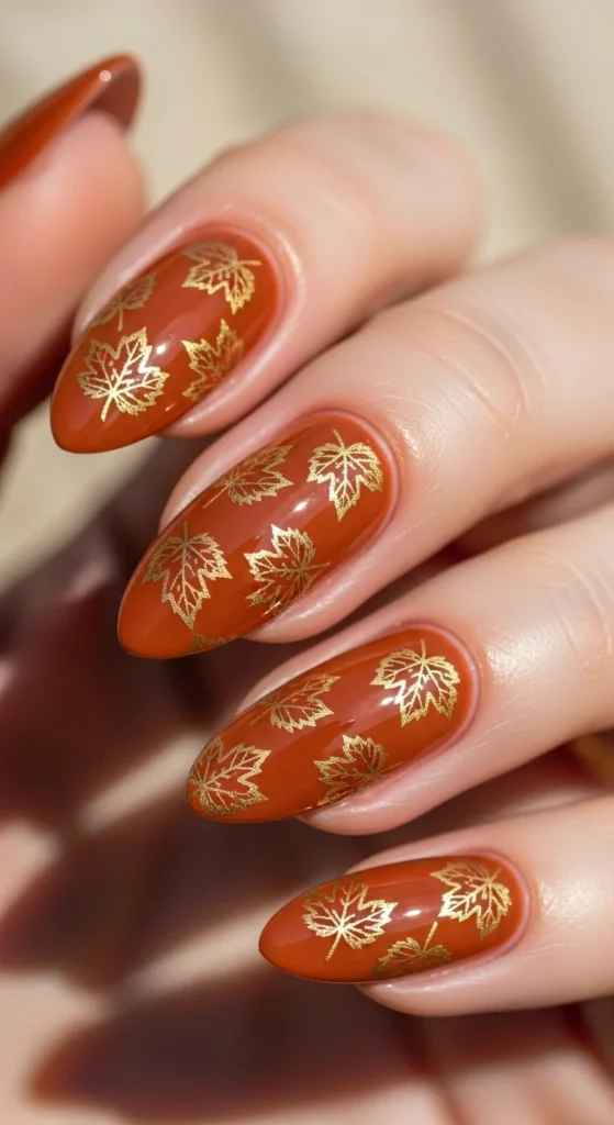 15 Fall Nail Art Ideas for 2026: Warm Tones, Foils & Seasonal Styles 15 Close-up of almond nails painted burnt sienna with a minimalist leaf design on nails.