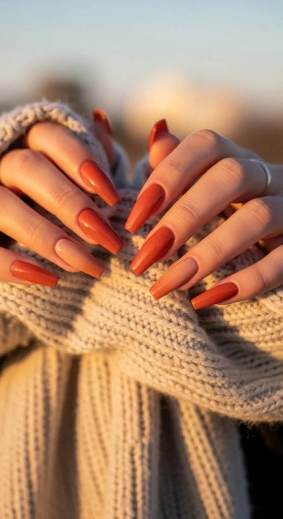 Long coffin orange chrome nails glowing in golden hour light with cozy fall outfit 
