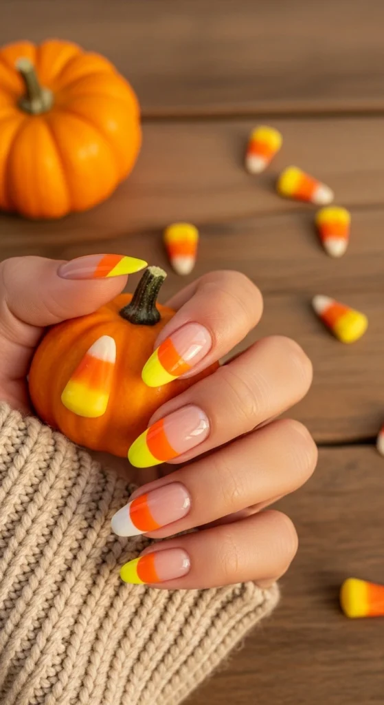 Short square nails with classic candy corn French tips in orange, yellow, and white, playful Halloween nail idea.