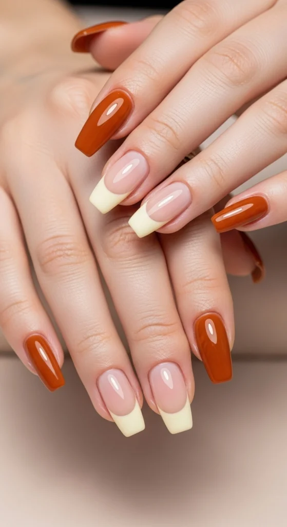 15 Fall Nail Art Ideas for 2026: Warm Tones, Foils & Seasonal Styles 4 Macro view of coffin-shaped nails with caramel brown and creamy white half-moon design, set against a soft beige background under beauty lighting.