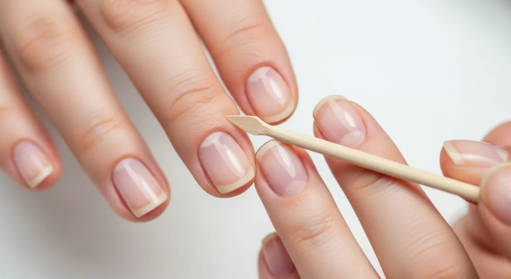 Step-by-Step Guide to a Salon-Quality Manicure at Home 5 Close-up of a hand with a wooden cuticle pusher gently pushing back softened cuticles. Nails look clean and natural. Bright, fresh aesthetic with blurred white background.
