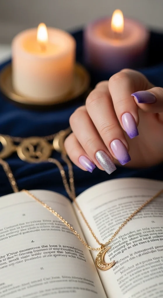 Close-up of almond nails in violet ombré French with silver glitter, resting on astrology book beside candle.
