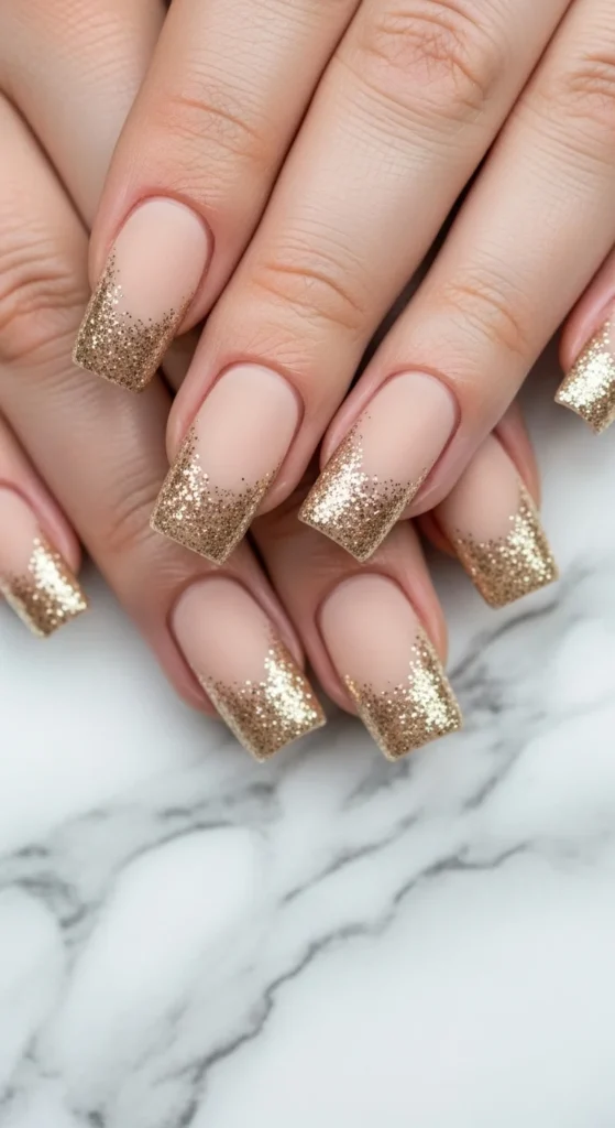 15 Fall Nail Art Ideas for 2026: Warm Tones, Foils & Seasonal Styles 16 Close-up of square nails painted beige with a layer of fine champagne glitter for a soft, festive look.