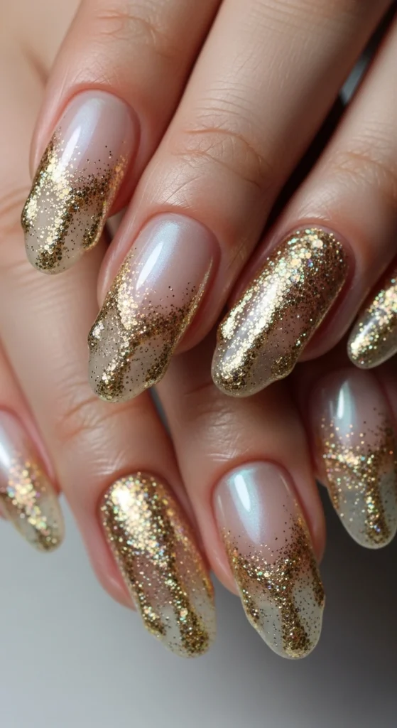 Oval nails with sheer pearl base and champagne-gold glitter drizzle from cuticle.