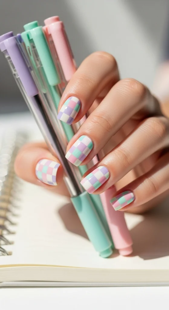 15 Must Try Trendy Back to School Nail Ideas 2026 4 checkerboard-pastel-nails