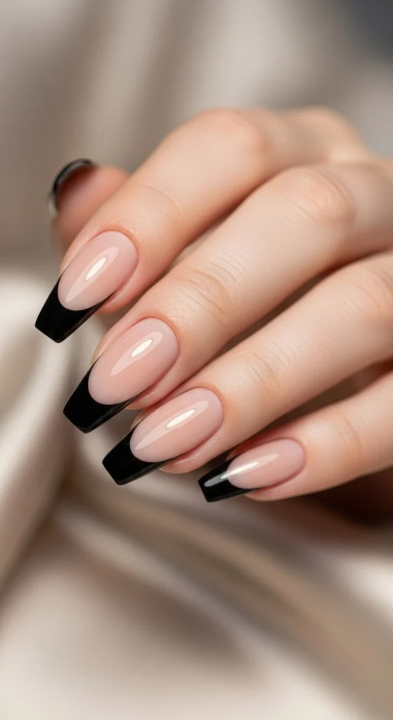 21 Fall Nails Inspiration 2026! Chic Trendy Autumn Manicures 3 Sheer nude almond nails with jet-black French tips on soft beige background.