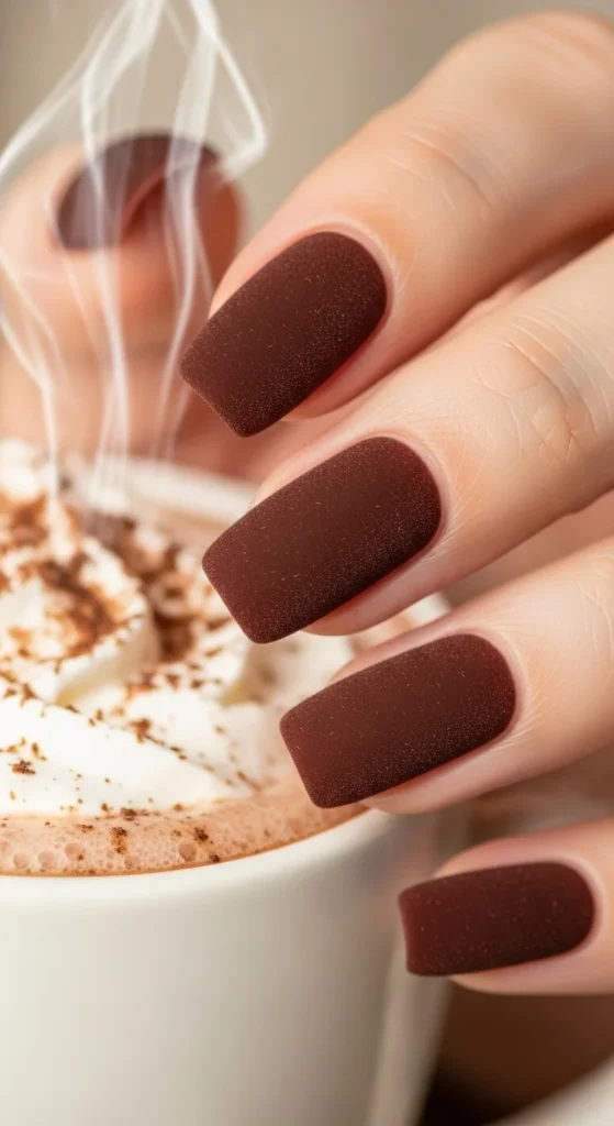 15 Fall Nail Art Ideas for 2026: Warm Tones, Foils & Seasonal Styles 13 Close-up of square chocolate brown velvet nails holding a hot cocoa mug.