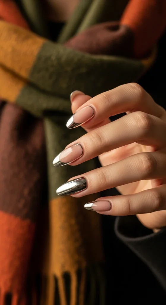 Nude nails with metallic chrome French tips.