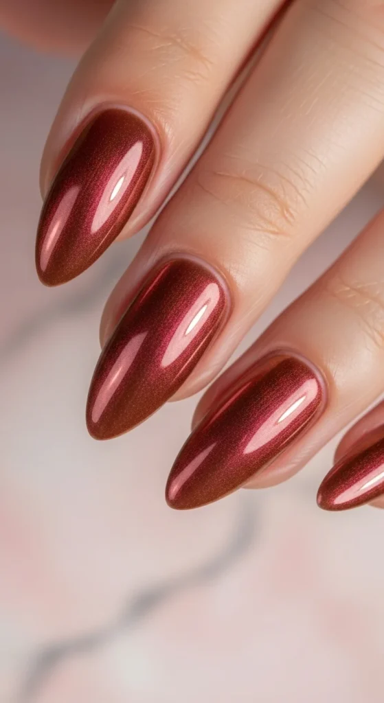 15 Fall Nail Art Ideas for 2026: Warm Tones, Foils & Seasonal Styles 8 Almond-shaped cinnamon brown chrome nails over a blush pink marble background