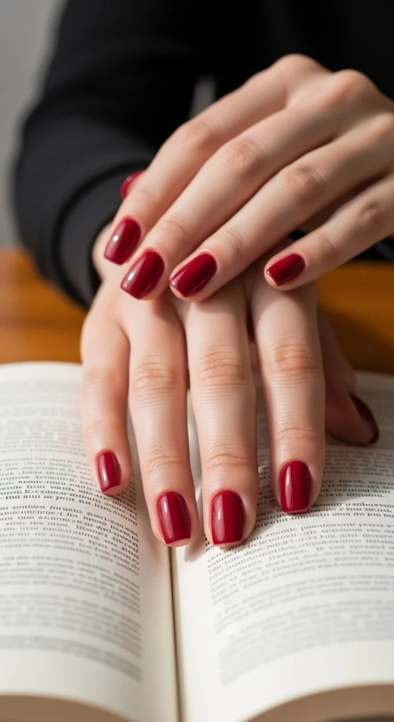 21 Fall Nails Inspiration 2026! Chic Trendy Autumn Manicures 7 Glossy merlot red square nails resting on an open book on a wooden desk, elegant lifestyle setting