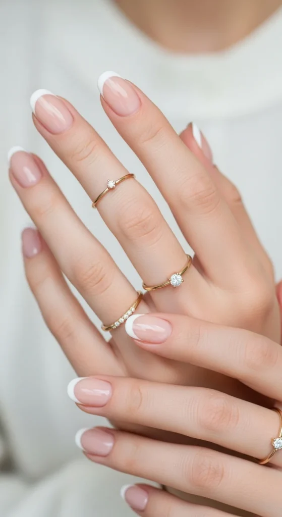 Classic French round nails with nude base and white tips.