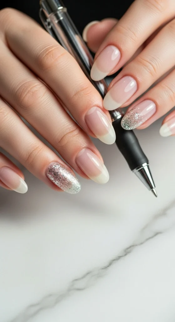 Clear almond nails with a single glitter accent nail holding a clear pen on a marble desk.