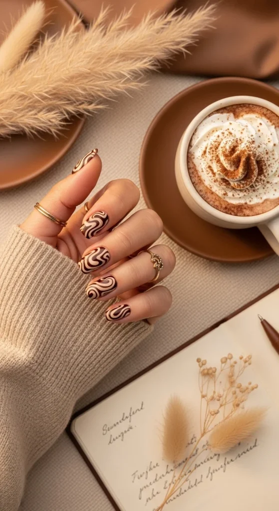 Cocoa and cream swirl nails with gold sparkle.