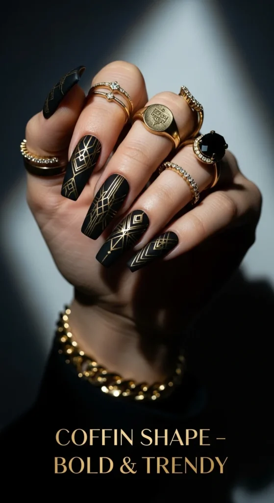 The Ultimate Nail Shape Guide: Choose & Master Your Look 7 Glam beauty editorial shot of coffin-shaped acrylic nails in matte black polish with gold line art.