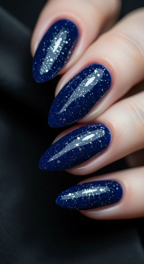 21 Fall Nails Inspiration 2026! Chic Trendy Autumn Manicures 16 Dark navy almond nails with silver specks on soft black fabric, starry night-inspired elegance.