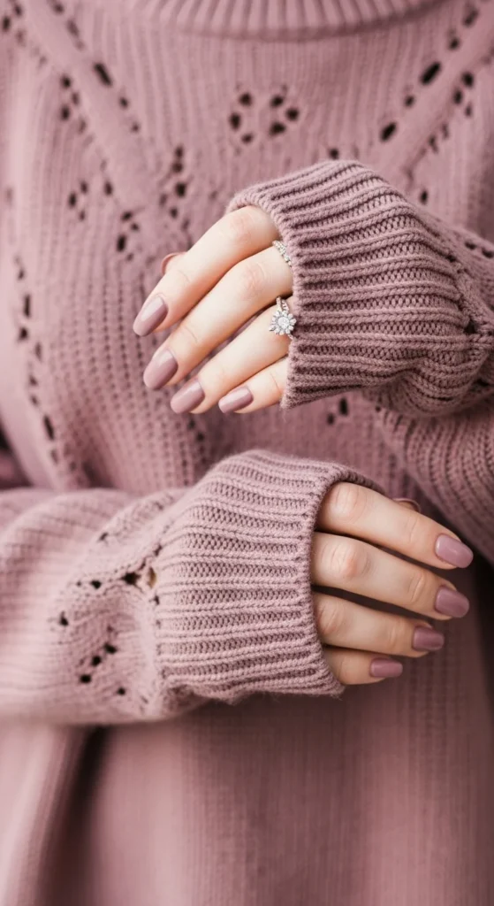 Dusty mauve square nails styled with knit sweater.