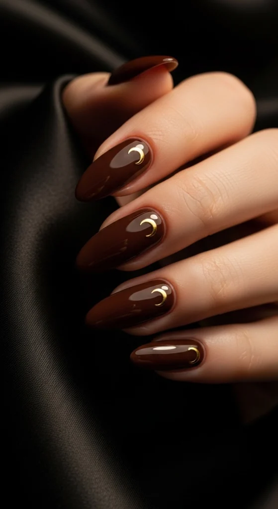 21 Fall Nails Inspiration 2026! Chic Trendy Autumn Manicures 20 Espresso brown nails with tiny gold crescent moon accents on black silk fabric, moody mystical style.