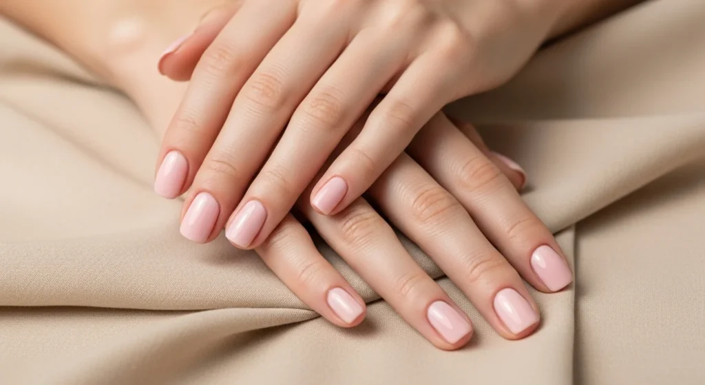 Step-by-Step Guide to a Salon-Quality Manicure at Home 11 Final beauty shot of perfectly manicured hands resting on a soft beige fabric. Nails are shiny, neat, and evenly polished in a soft pale pink. Minimal, elegant lifestyle vibe.