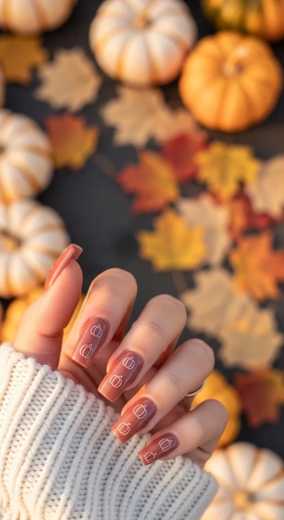Flat-lay of square mocha-glazed nails with embossed mini pumpkins, styled with mini gourds 