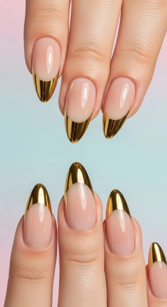 15 Fall Nail Art Ideas for 2026: Warm Tones, Foils & Seasonal Styles 14 Close-up of almond nails with nude base and gold chrome French tips.