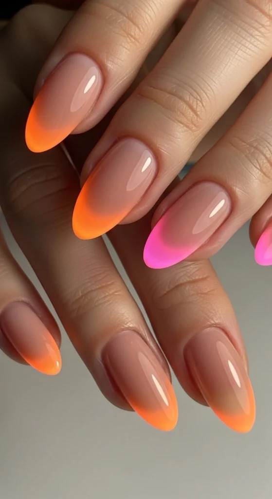 Almond nails with nude base and orange-pink aura glow gradient, inspired by golden hour.