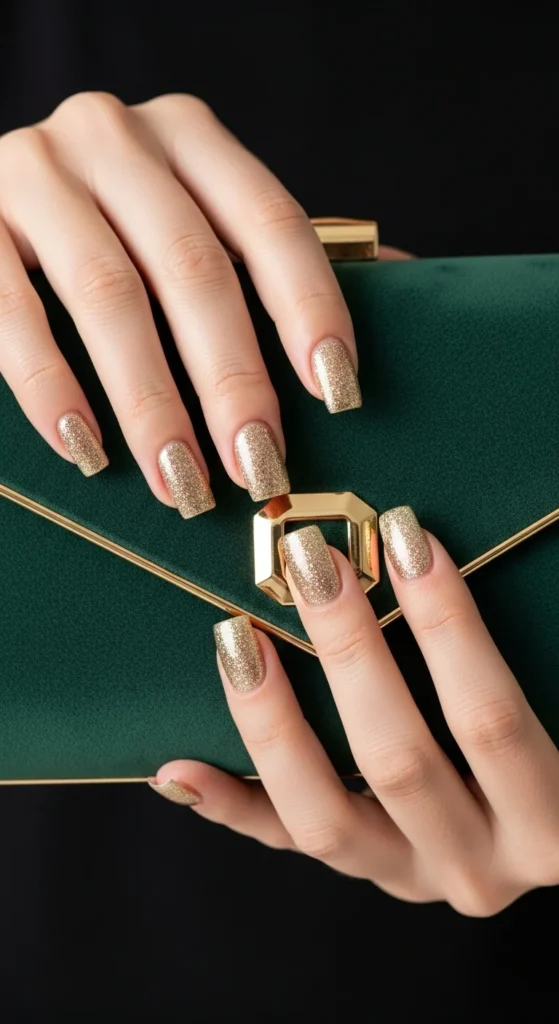 Glitter gold square nails styled with evening clutch.