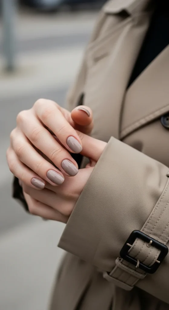 Soft greige glossy nails styled with trench coat.
