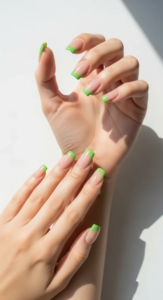 Square nails with nude base and honeydew-green French tips.