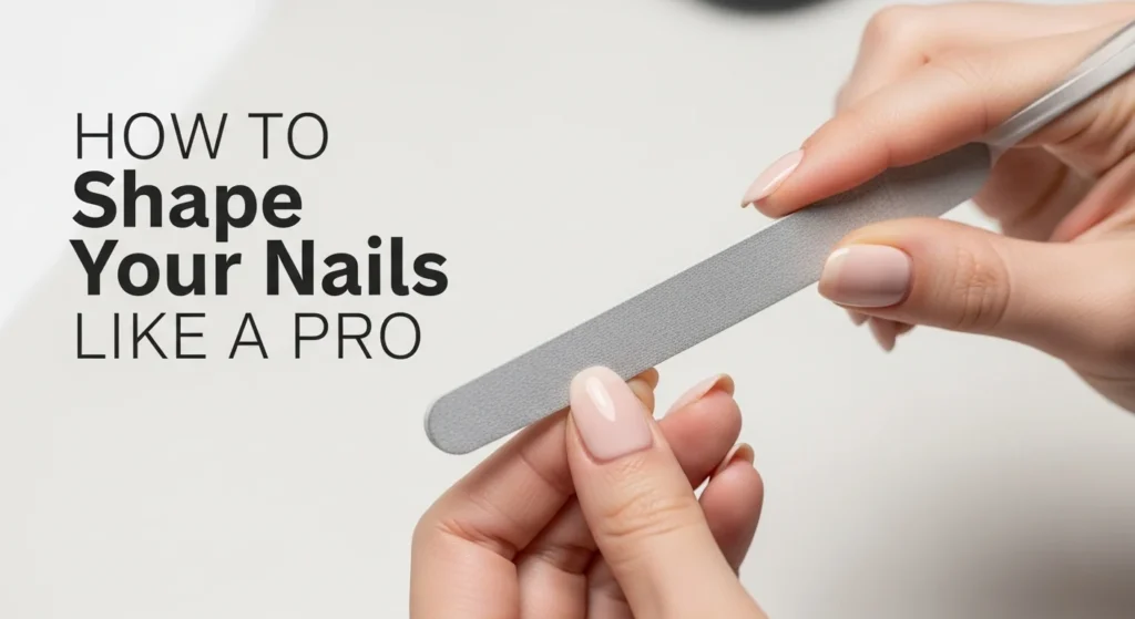 Title how to shape your nails like a pro. A close-up, top-down shot of a hand gently filing a nail. The nail file should be shown moving in a single, consistent direction (e.g., from the side towards the center). The hand should have a neatly done, neutral-toned manicure.