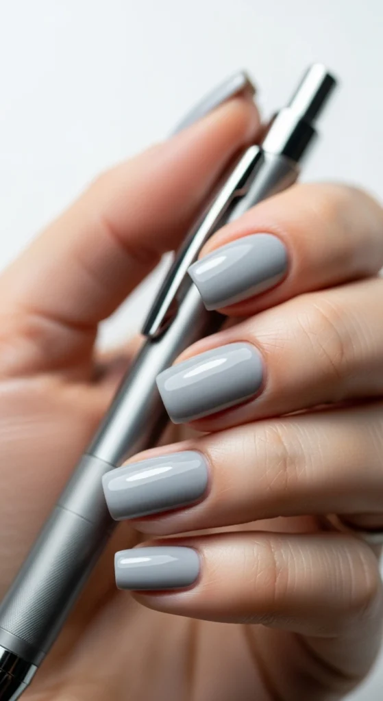 Short square light grey nails holding a silver mechanical pencil.