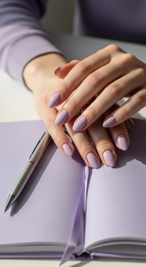 Close-up of short almond nails in pastel purple polish with a subtle accent design, hand resting on a lavender notebook with a silver pen.