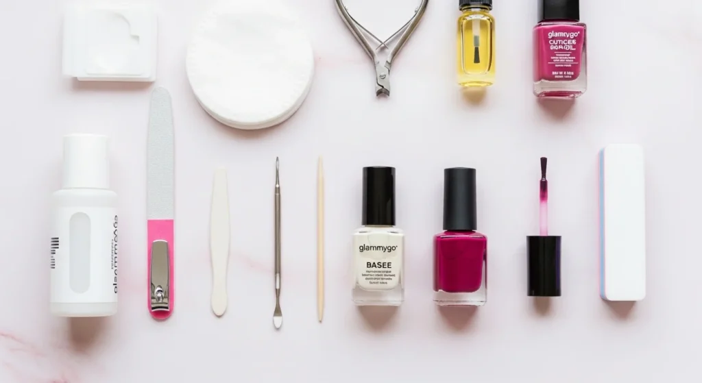Manicure at Home. A bright, clean, and inviting flat lay photograph showcasing all the essential tools for an at-home manicure. Arrange neatly on a soft, light-colored (e.g., pastel pink or white marble) background: a bottle of nail polish remover, cotton pads, a nail clipper, a nail file, a cuticle pusher, a small bottle of cuticle oil, a base coat, a vibrant bottle of nail polish (e.g., a trending shade from Fall 2025 like deep burgundy), a glossy top coat, and a nail buffer. Some tools can be slightly out of focus in the background to add depth.