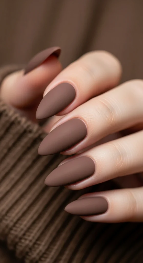21 Fall Nails Inspiration 2026! Chic Trendy Autumn Manicures 6 Matte mocha brown stiletto nails resting on dark chocolate fabric, dramatic high-fashion editorial.