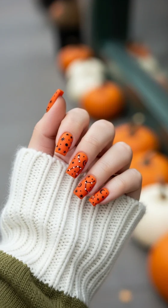 Matte candy-corn orange square nails with black star and moon art in street-style pumpkin backdrop.