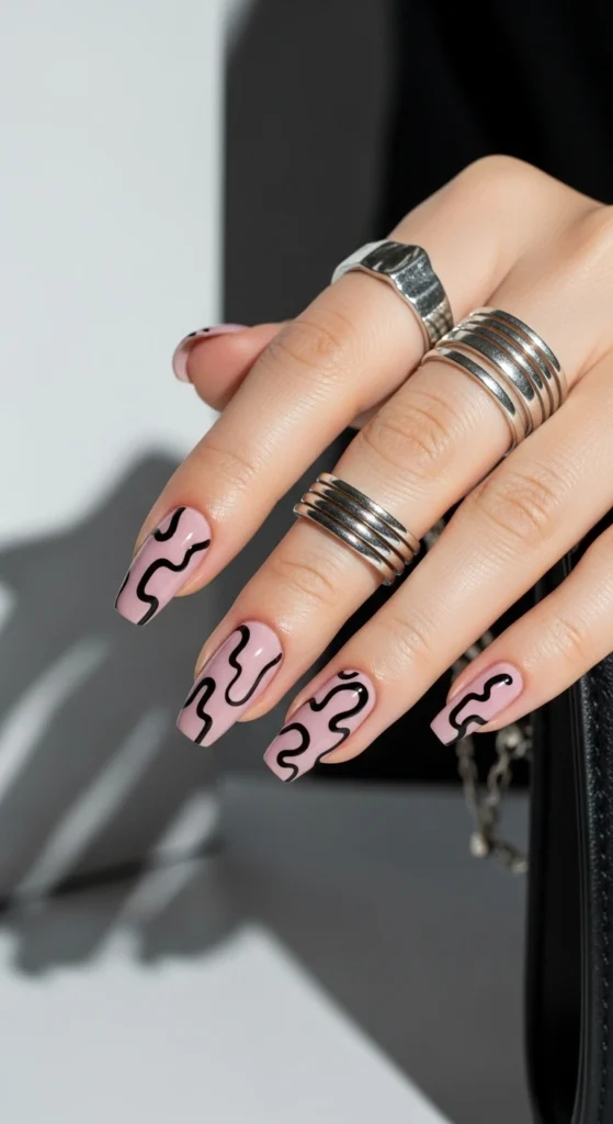 Close-up of medium almond nails in mauve polish with abstract black line art accents, styled with silver rings for a modern look.